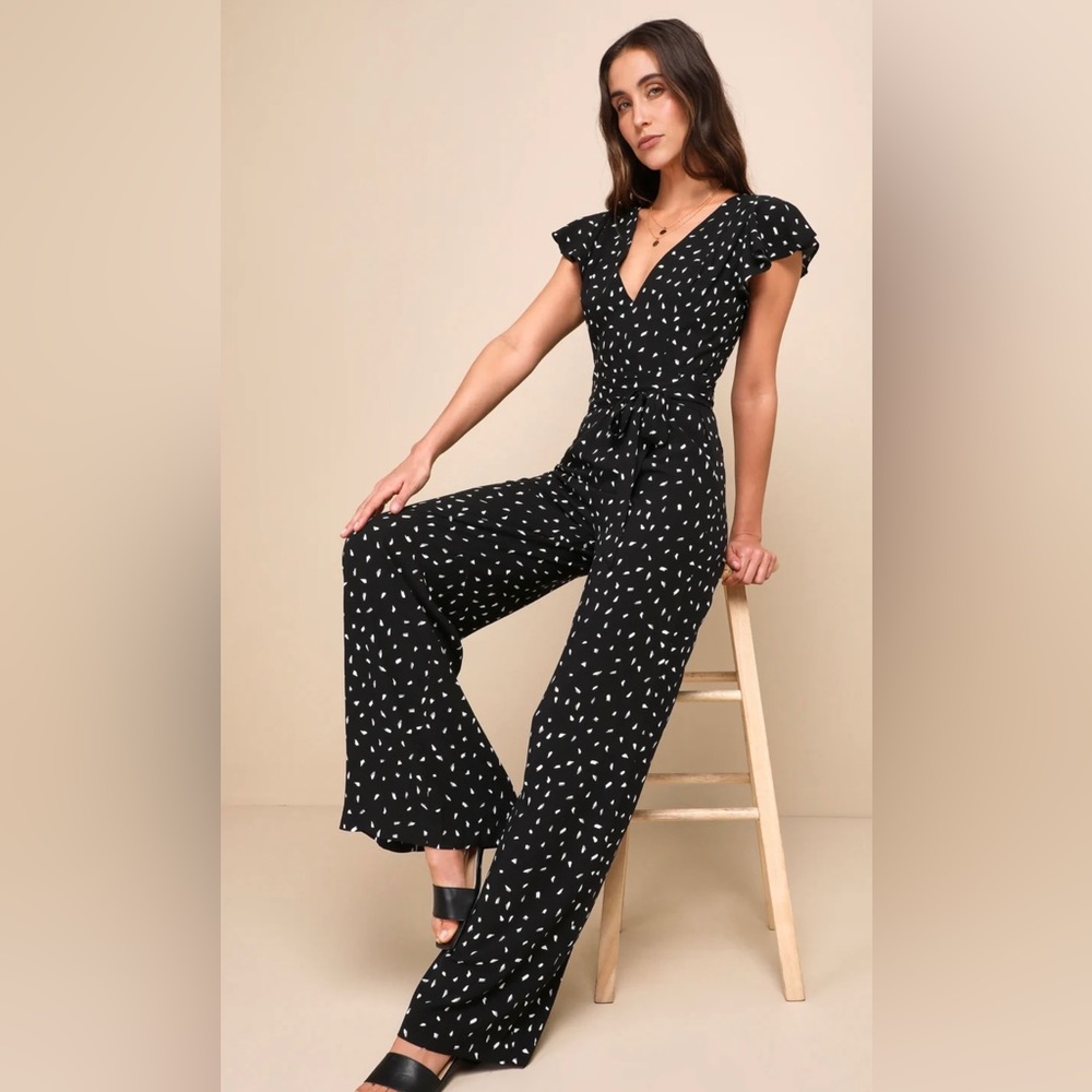 NEW Lulus Fine Print Black and White Print Backless Jumpsuit